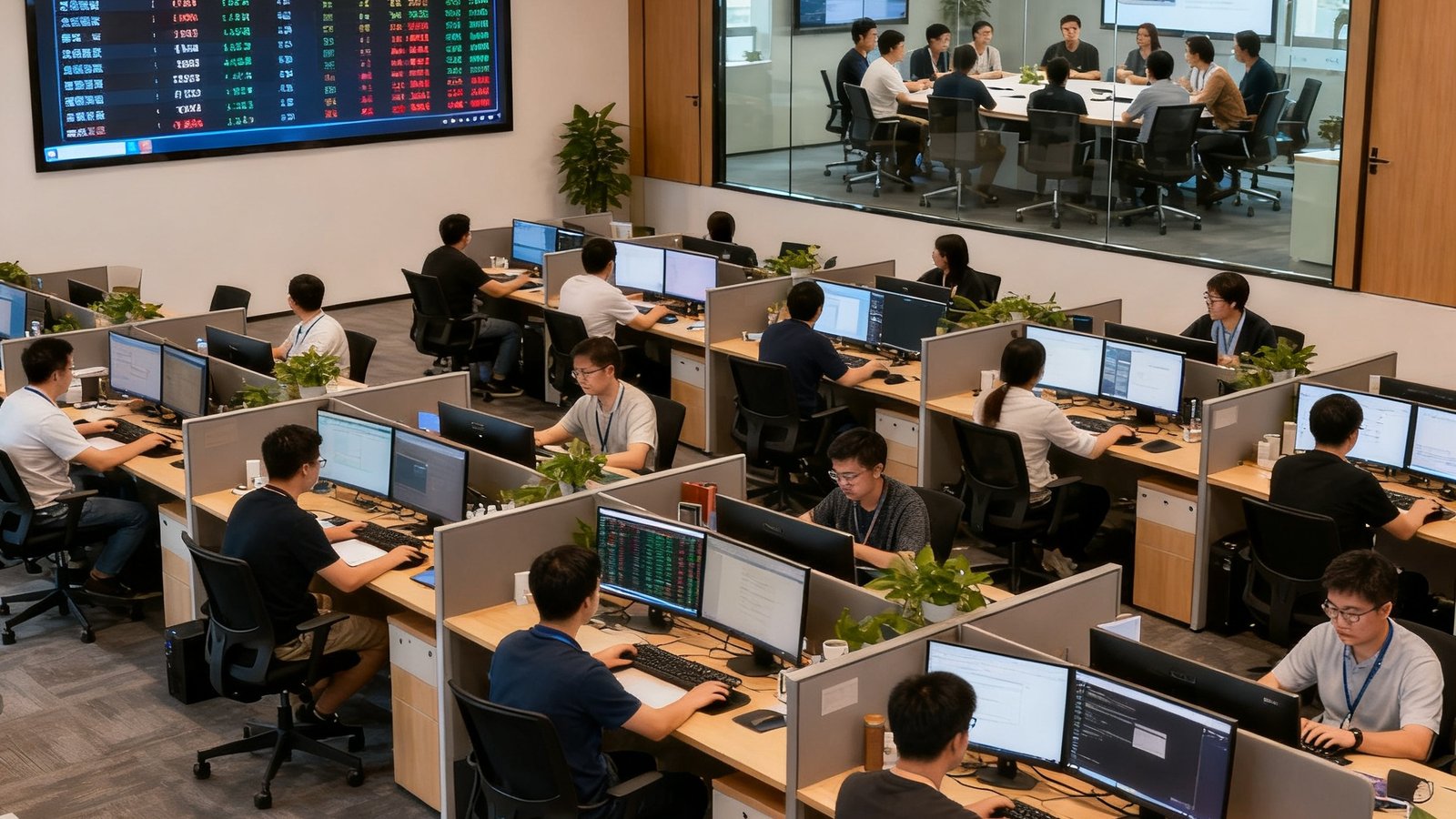 说球帝广州总部开放式办公区实拍，80余名员工正在忙碌工作，墙面大屏滚动显示全球实时比分数据，玻璃会议室中团队正在讨论产品方案