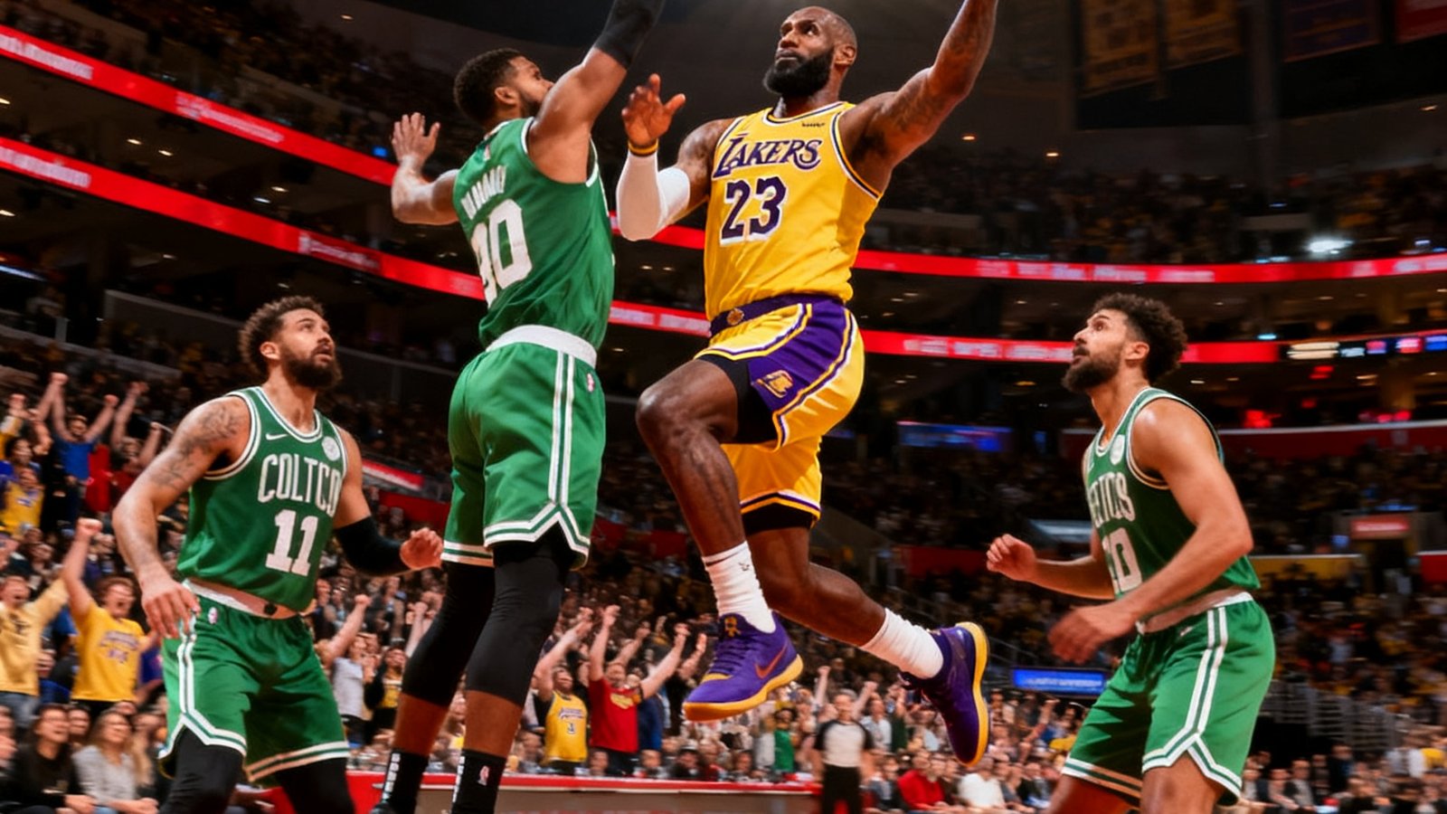 NBA常规赛湖人主场对阵凯尔特人，勒布朗詹姆斯持球突破三人防守，飞身上篮瞬间，斯台普斯中心观众起立欢呼